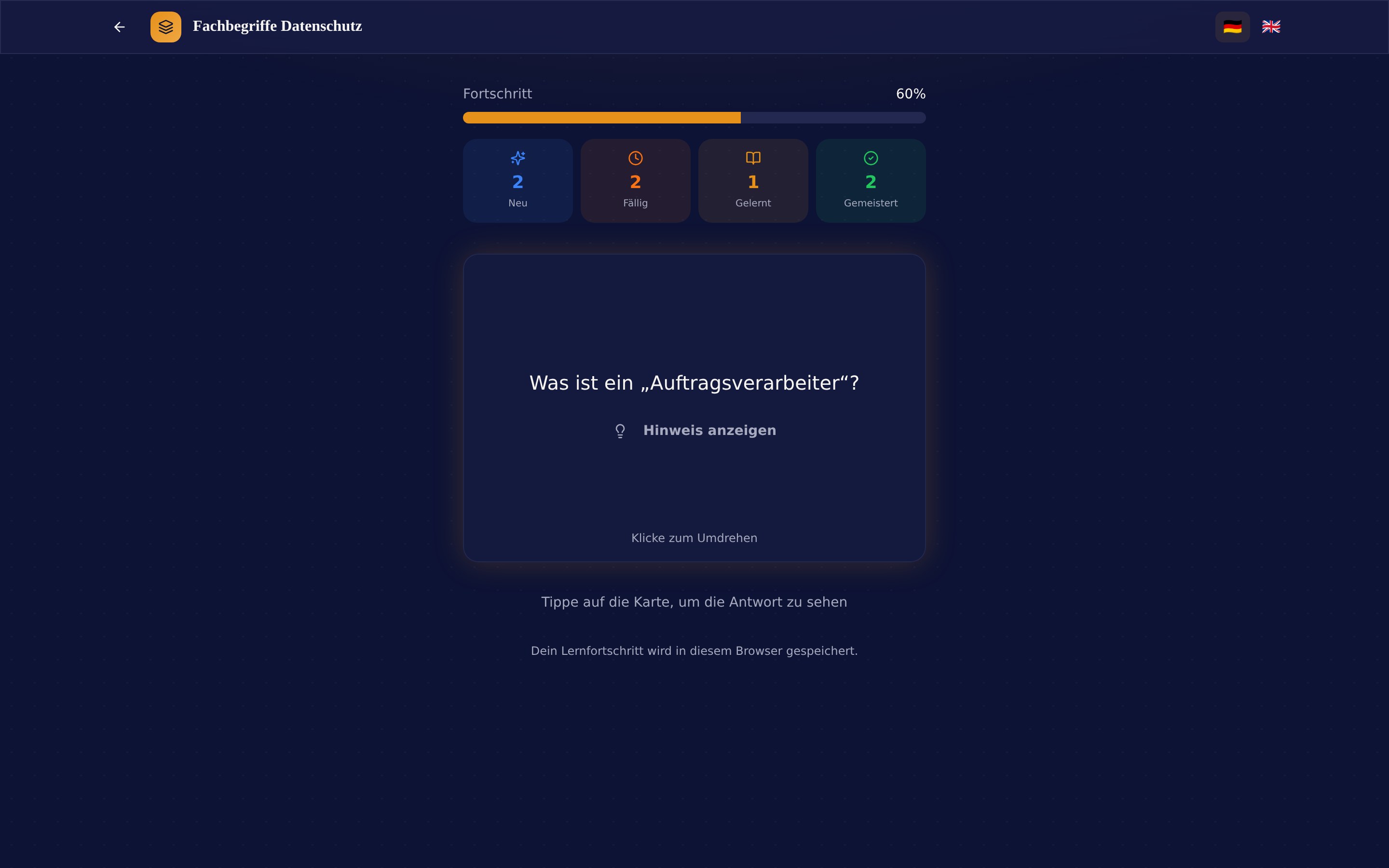 Karteikarten-Player mit Lernkarte, Fortschrittsbalken und Spaced-Repetition-Status